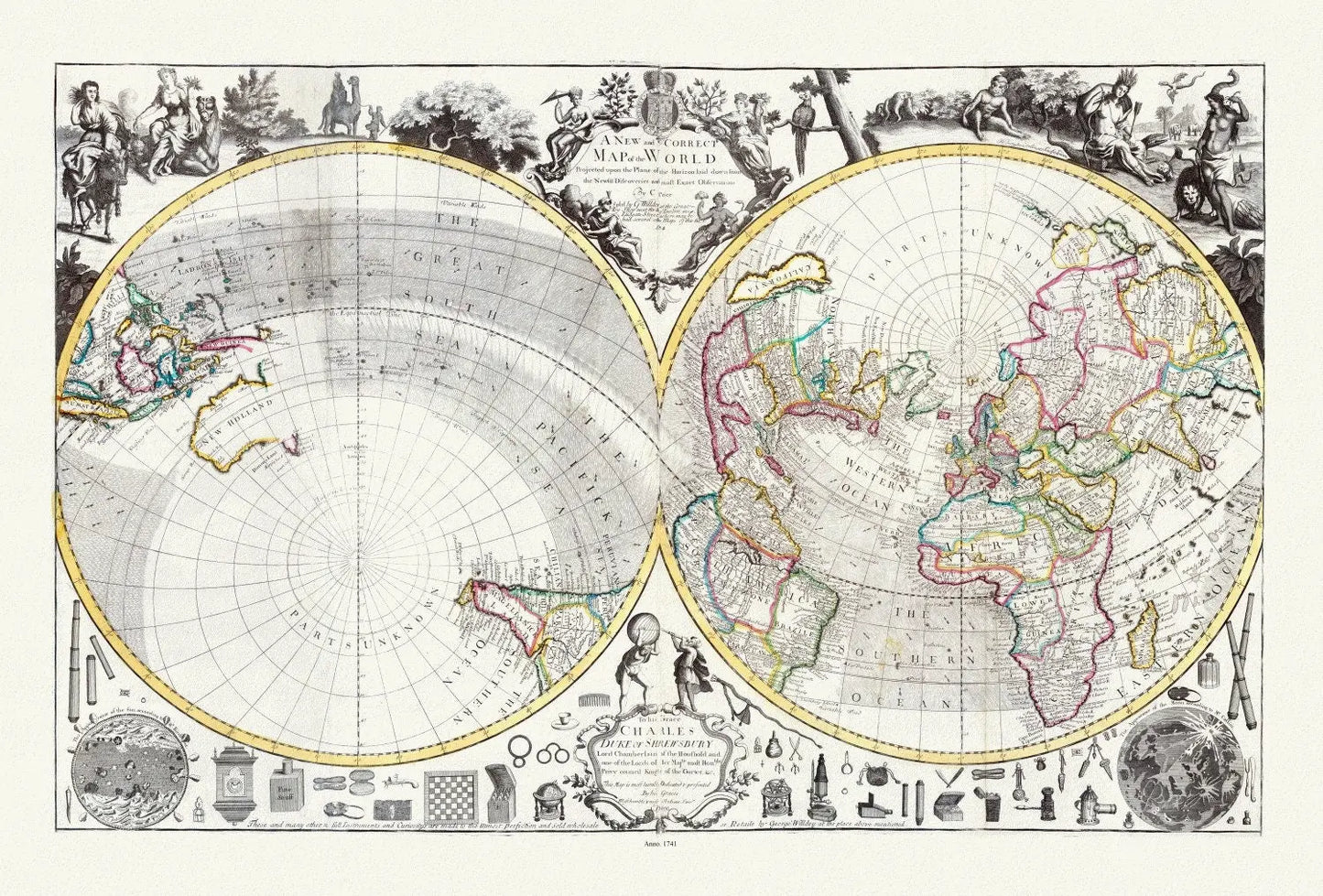 Willdey, No. 2. A New and Correct Map of the World Projected upon the Plane of the Horizon, 1714, Map on heavy cotton canvas, 22x27in. - Image #1