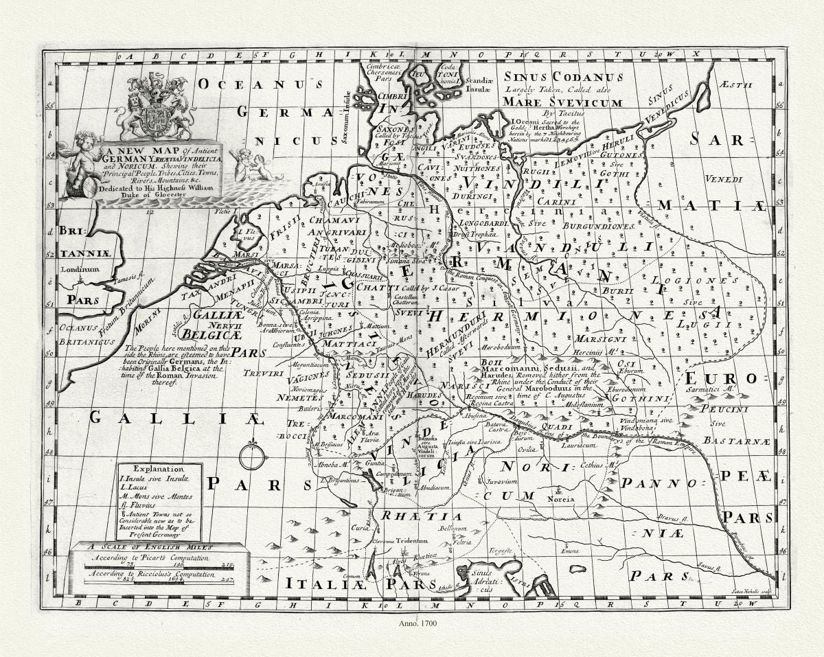 Europe: A New Map of Antient Germany, Rhaeia, Vindelicia, and Noricum, Wells auth., 1700