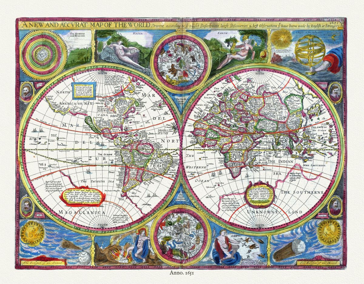 World: A new and accurat map of the world drawne according to ye truest descriptions latest discoveries & best observations yt have beene made by English or strangers, 1651, Speed auth.