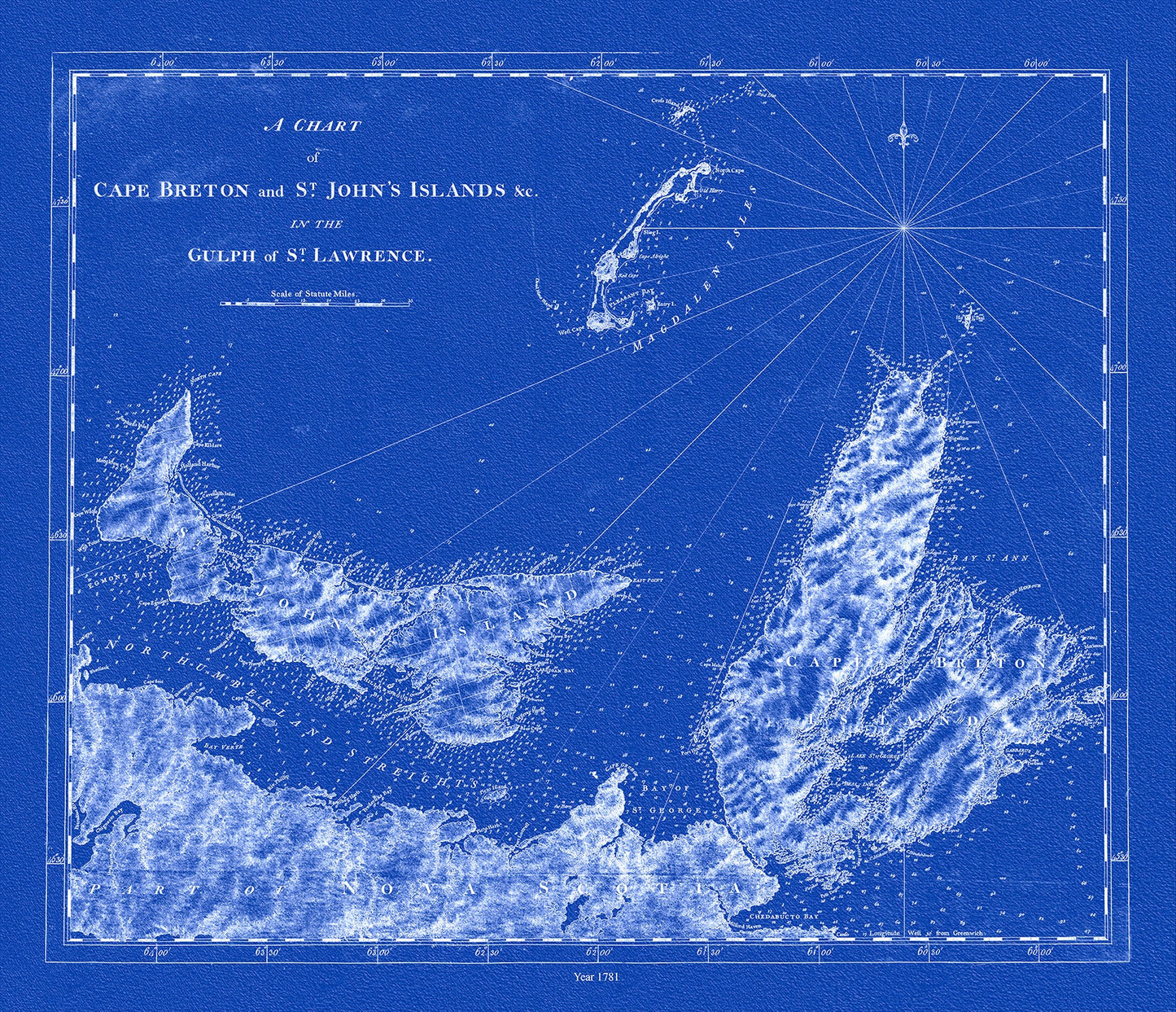 Atlantic Canada: A chart of Cape Breton and St. John's Islands &c. in the gulph of St. Lawrence, Des Barres auth.,1781, Cyanotype - The Map Chest