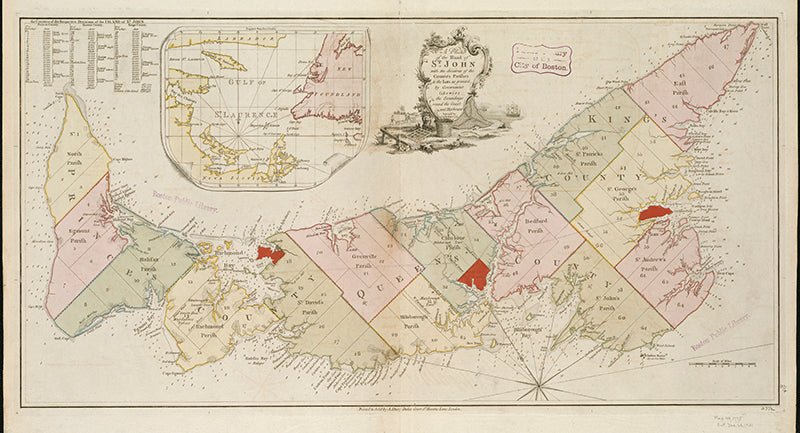 Atlantic Canada: A plan of the island of St. John with the divisions of the counties, parishes, & the lots as granted by government, likewise the soundings round the coast and harbours, 1775 - The Map Chest