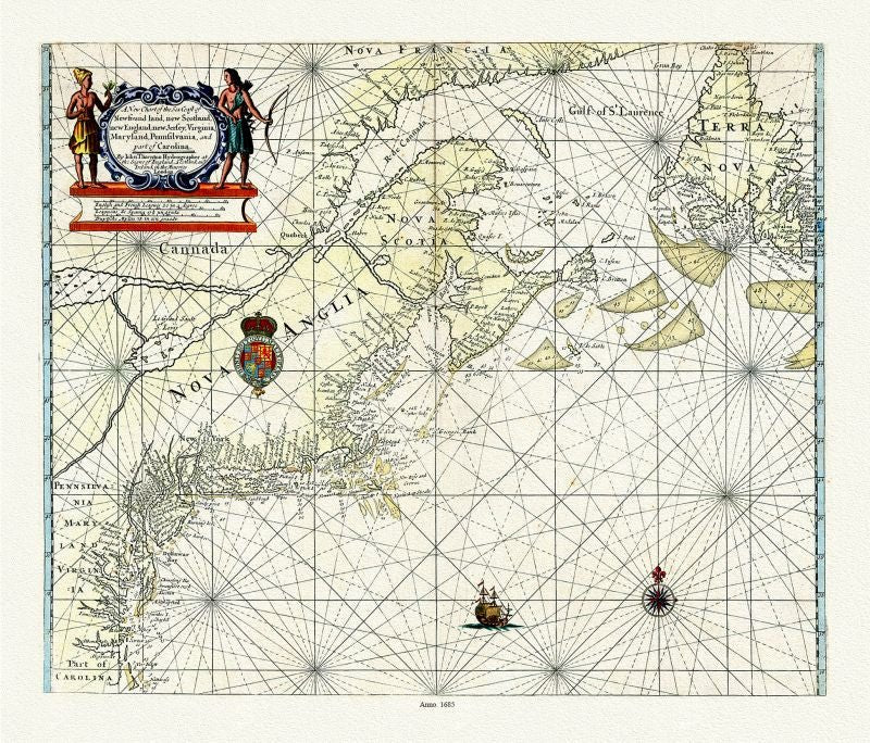 Atlantic Canada: Thornton, A New Chart of the Sea Coast of Newfound land, New Scotland, New England, New Jersey, Virginia, Maryland, Pennsylvania, and part of Carolina, 1685 - The Map Chest