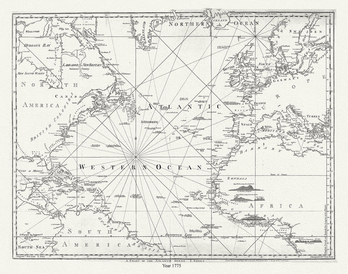 Atlantic Ocean: A Chart of the Atlantic Ocean, 1775, Sayer auth. - The Map Chest