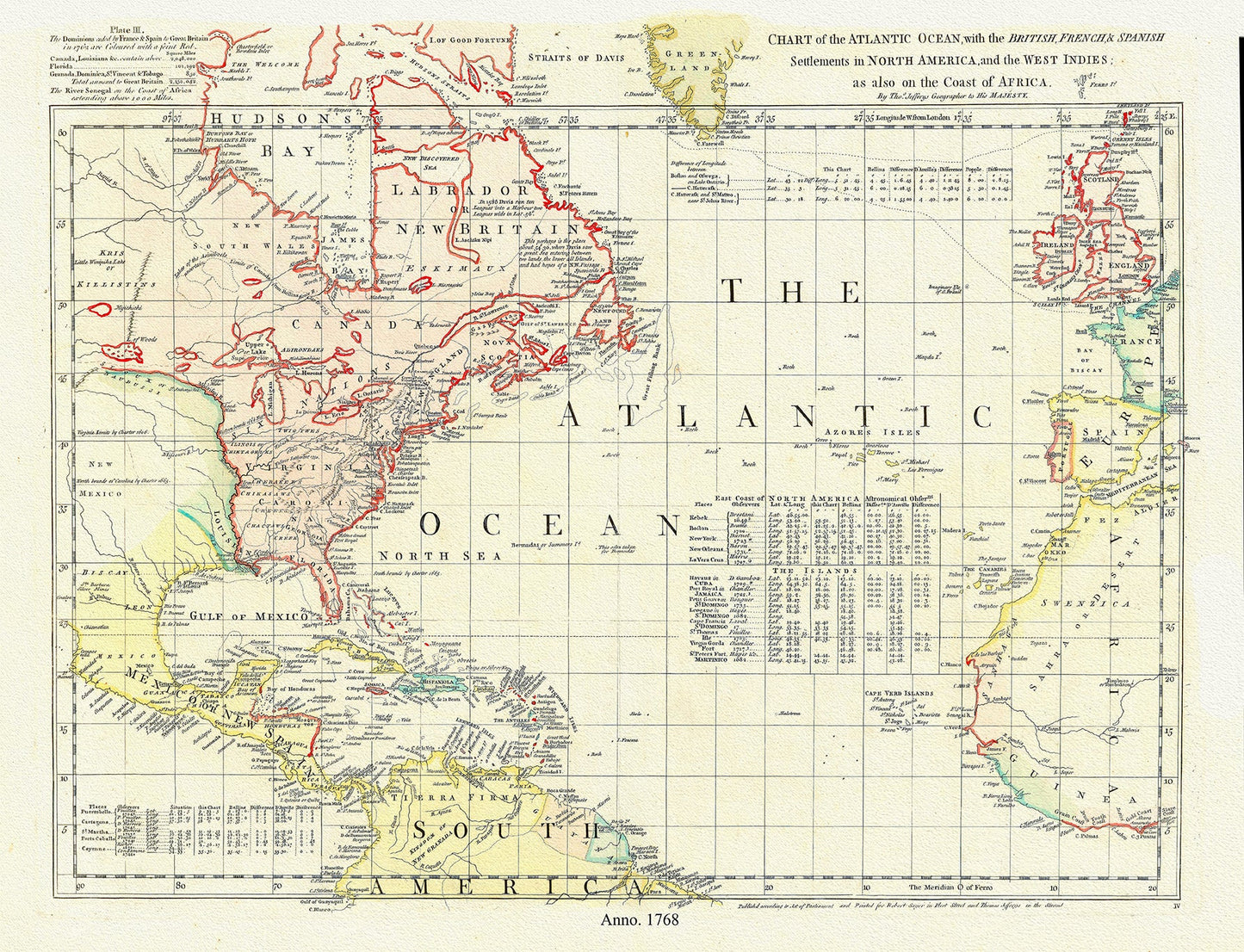 Atlantic Ocean: Chart of the Atlantic Ocean, with the British, French, & Spanish settlements in North America, and the West Indies, as also on the coast of Africa, 1768, Green - The Map Chest