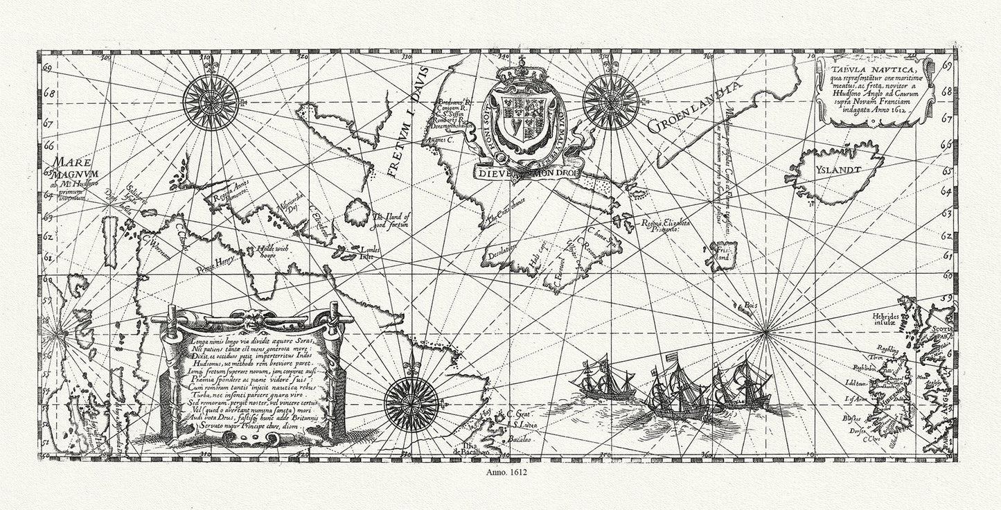 Atlantic Ocean: Greenland: Tabula Nautica qua repraesentatur orae maritimae, meatus, ac freta, noviter a Hudsono Anglo ad Caurum supra Novam Franciam indagata,1612 - The Map Chest