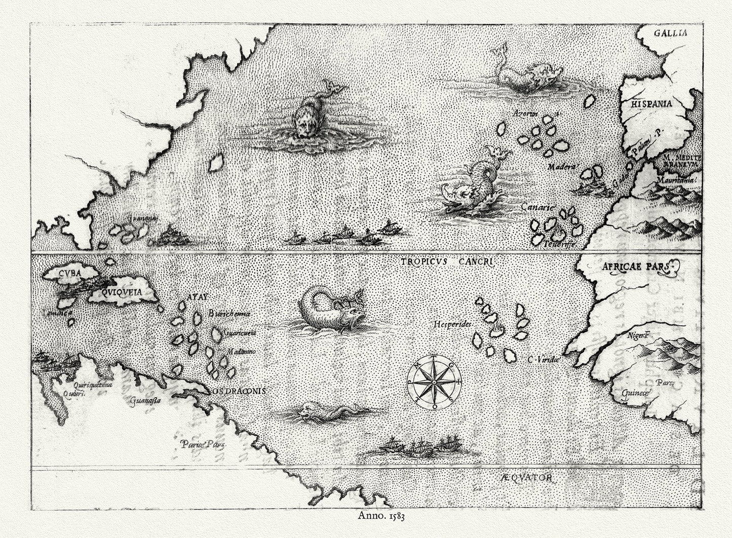 Atlantic Ocean: Map illustrating the voyage of Christopher Columbus,1583 - The Map Chest