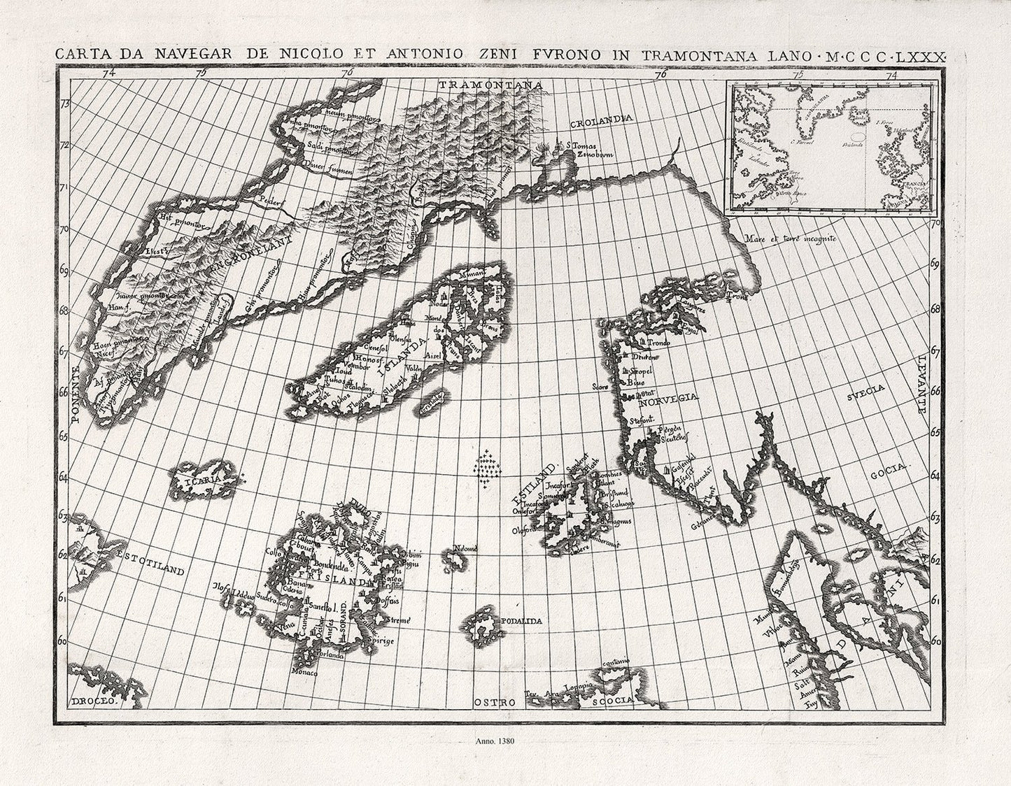 Atlantic Ocean: Zurla, Carta Da Navegar De Nicolo et Antonio Zeni Fvrono In Tramontana Lano M.CCC.LXXX(1380) - The Map Chest