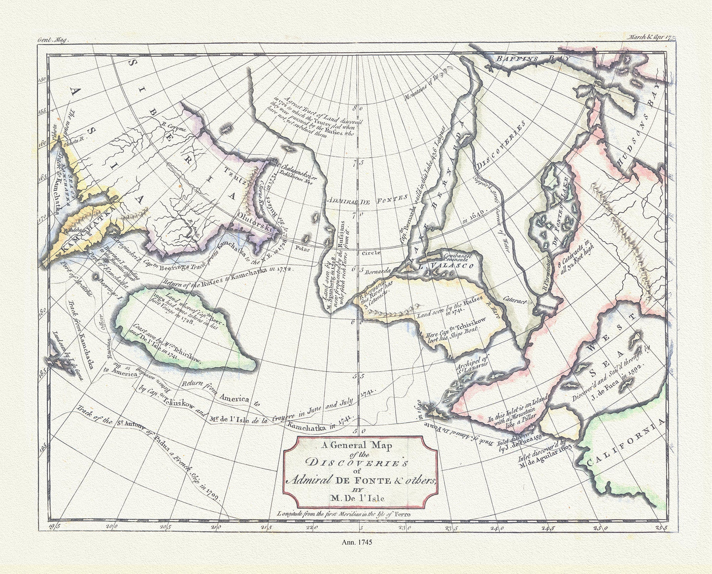 Canada: Arctic, Northern and Polar Exploration: A general map of the discoveries of Admiral de Fonte & others,Delisle auth., 1745 - The Map Chest