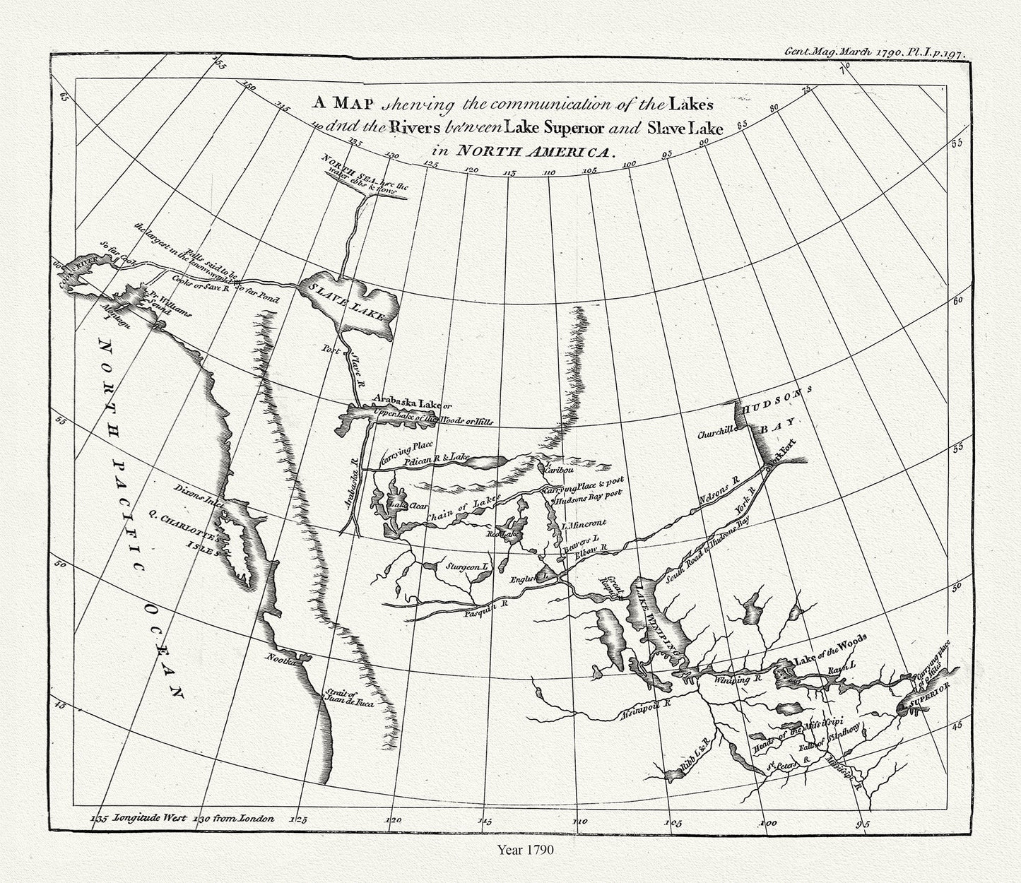 Canada: Arctic, Northern and Polar Exploration: A map shewing the communication of the lakes and the rivers between Lake Superior and Slave Lake in North America,1790, Pond auth. - The Map Chest