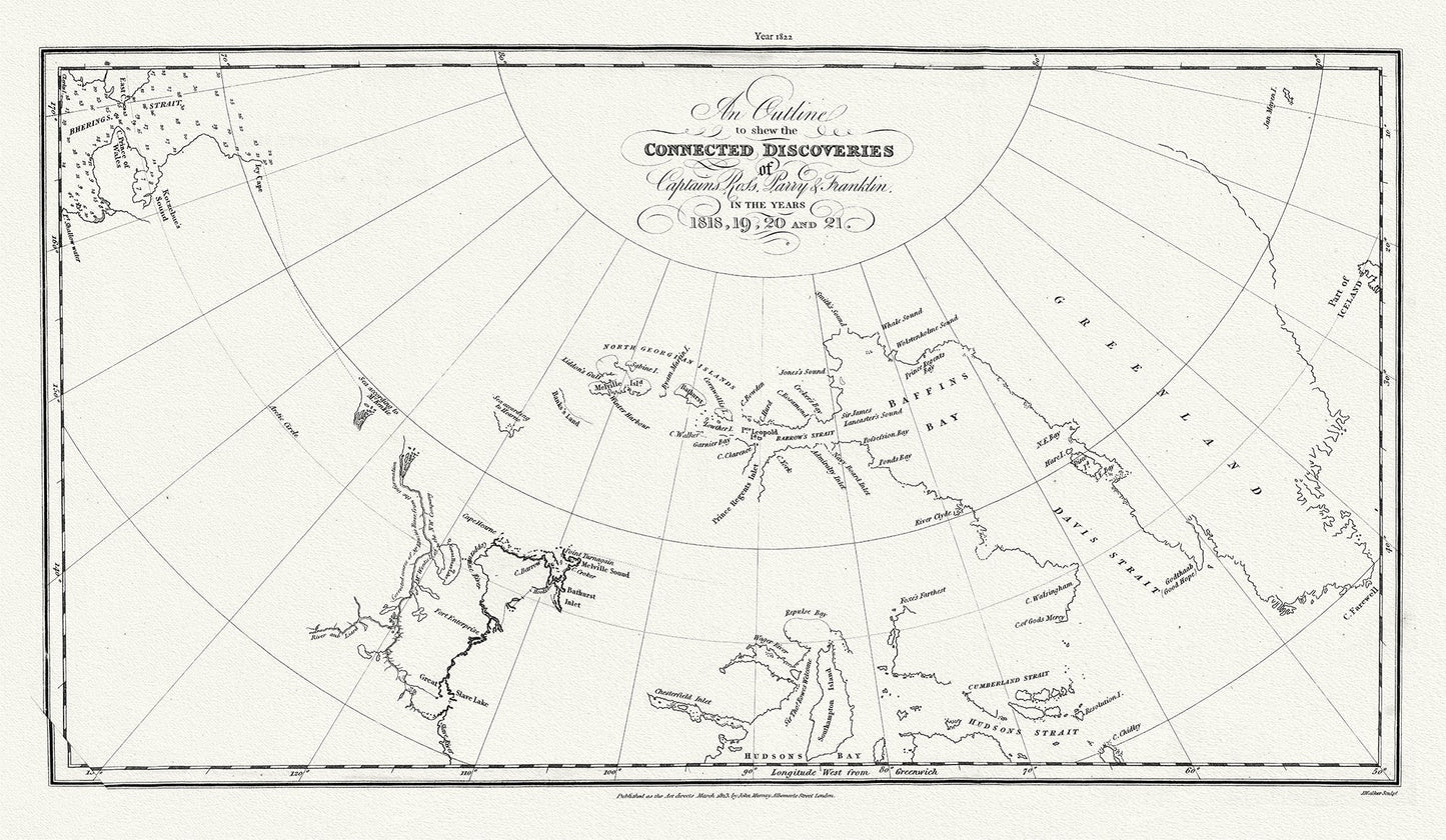 Canada: Arctic, Northern and Polar Exploration: An Outline to shew the Connected Discoveries of Captains Ross, Parry & Franklin, in the years 1818, 19, 20 and 21.20x35 - The Map Chest