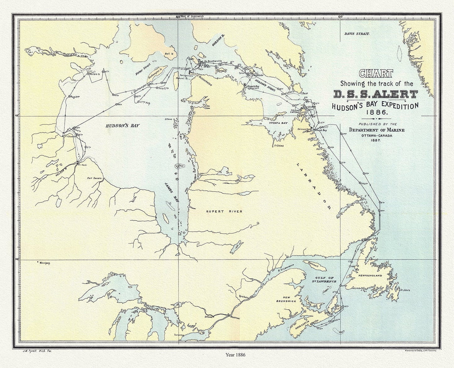 Canada: Arctic, Northern and Polar Exploration: Chart Showing the Track of the D.S.S. Alert Hudson's Bay Expedition 1886 - The Map Chest