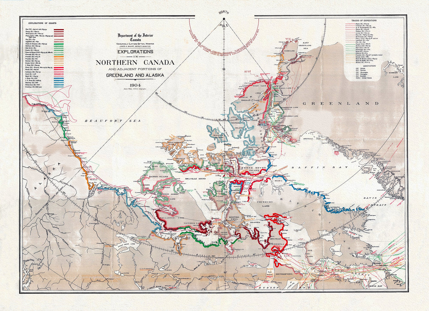 Canada: Arctic, Northern and Polar Exploration: Explorations in Northern Canada and adjacent portions of Greenland and Alaska, 1904 - The Map Chest