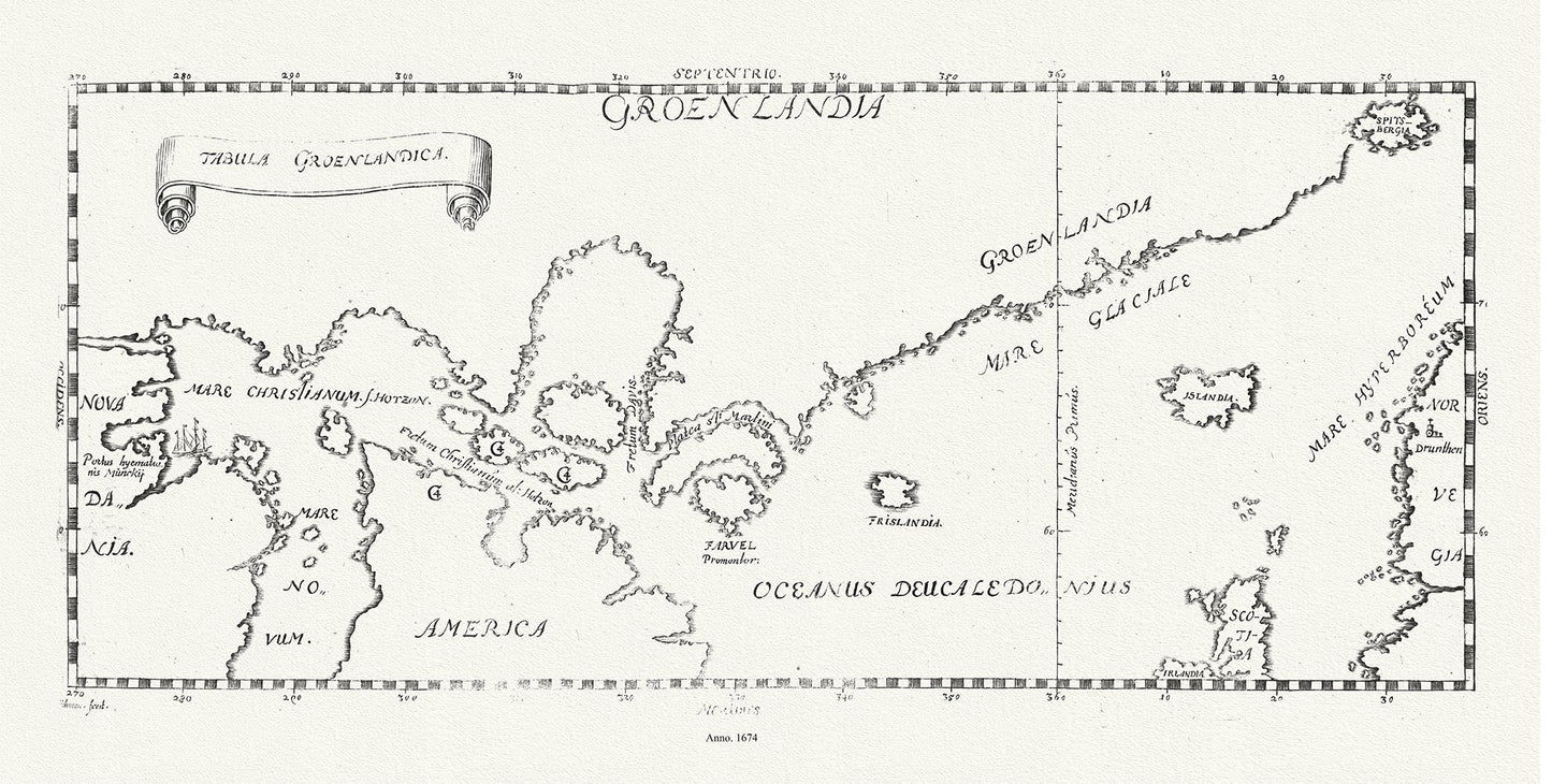 Canada: Arctic, Northern and Polar Exploration: Greeland and Canada, Tabula Groenlandica, Le Peyere auth.,1674 - The Map Chest