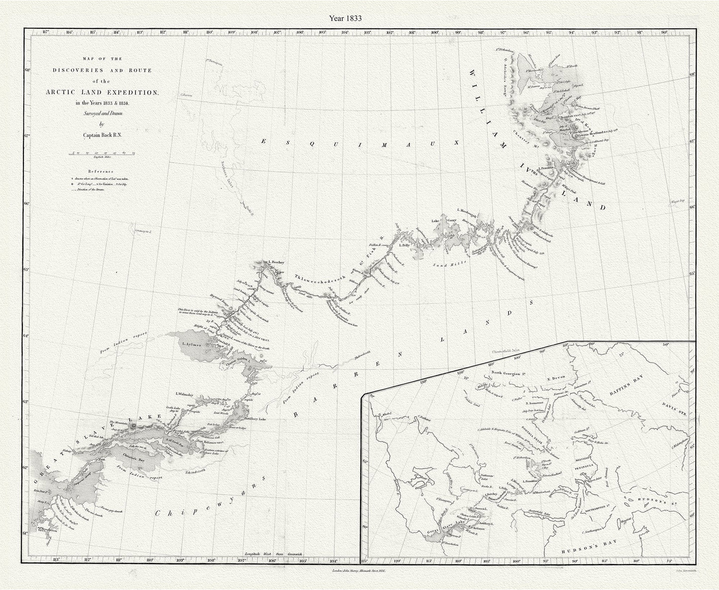 Canada: Arctic, Northern and Polar Exploration: Map of the discoveries and route of the Arctic Land Expedition,1833 - 34, Back auth. - The Map Chest