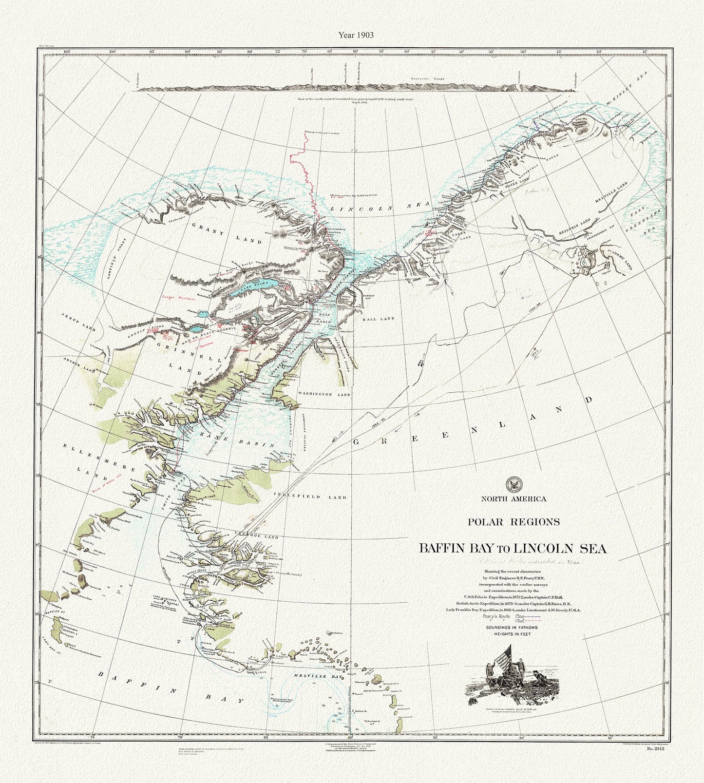Canada: Arctic, Northern and Polar Exploration: North America Polar Regions Baffin Bay to Lincoln Sea, rare map,showing Peary's routes, 1903 - The Map Chest