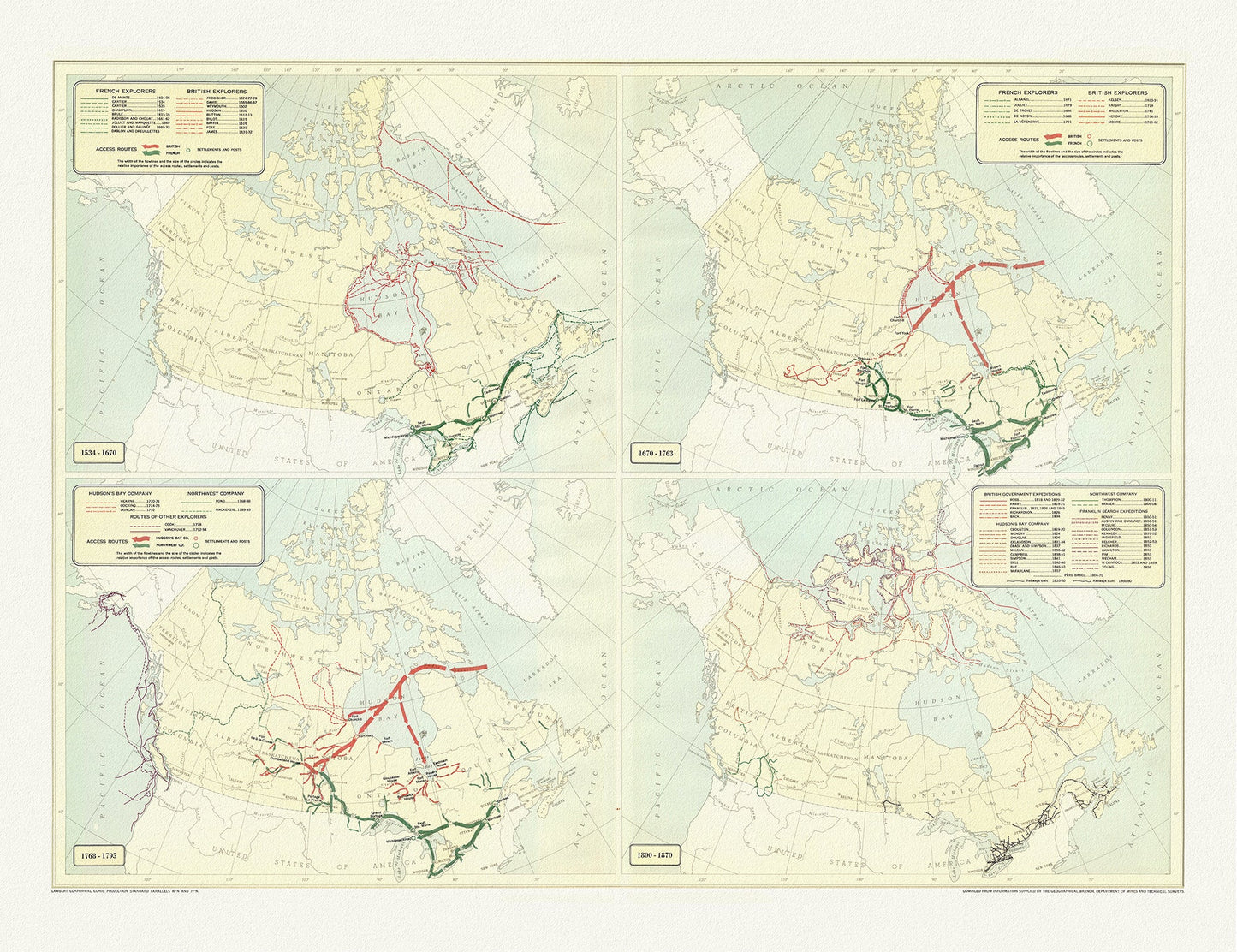Canada: Arctic, Northern and Polar Exploration: Routes of explorers, (1534 - 1870) - The Map Chest