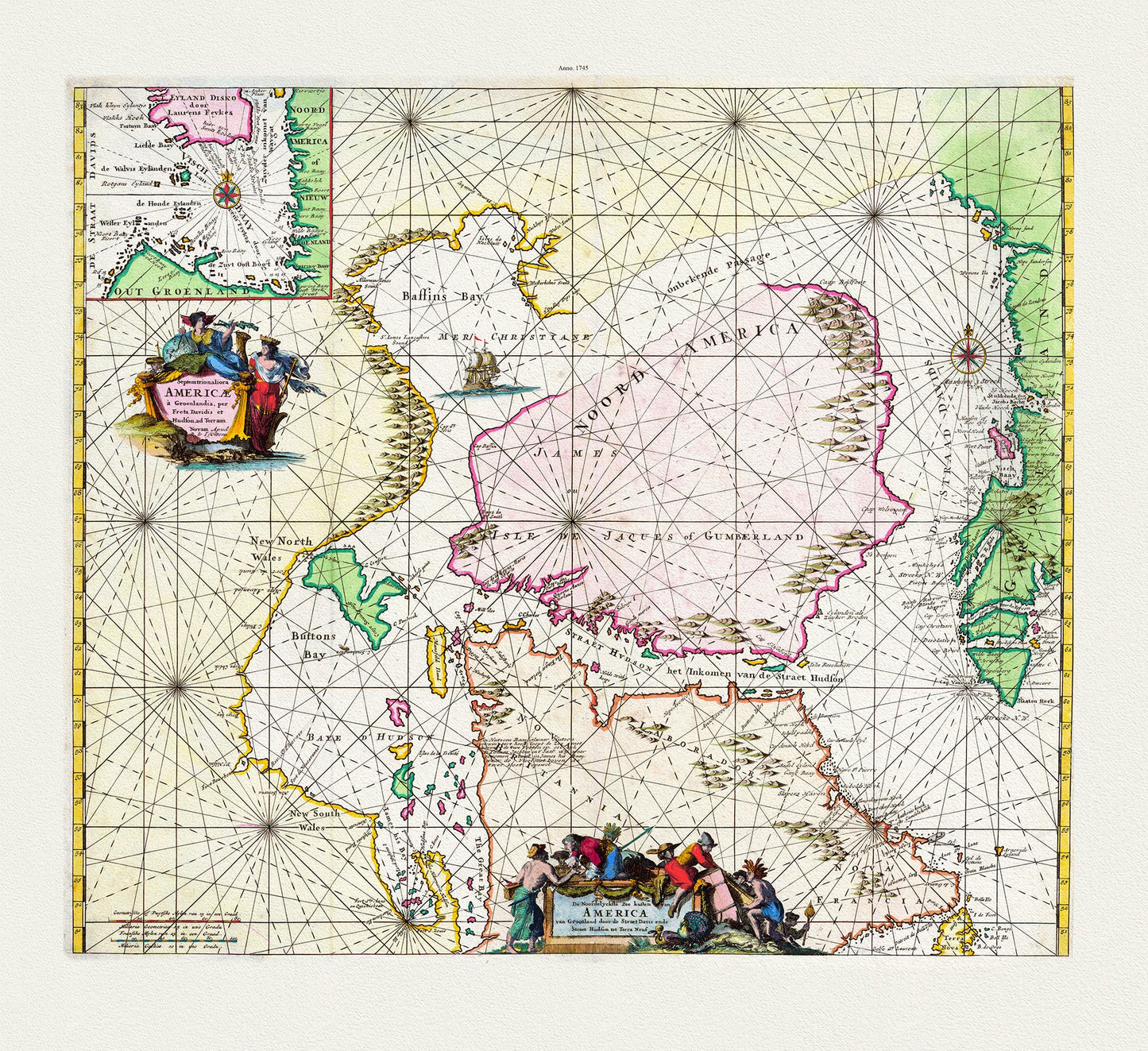 Canada: Arctic, Northern and Polar Exploration: Septemtrionaliora Americæ à Groenlandia, per Freta Davidis et Hudson, ad Terram Novam, 1745, Ottens - The Map Chest