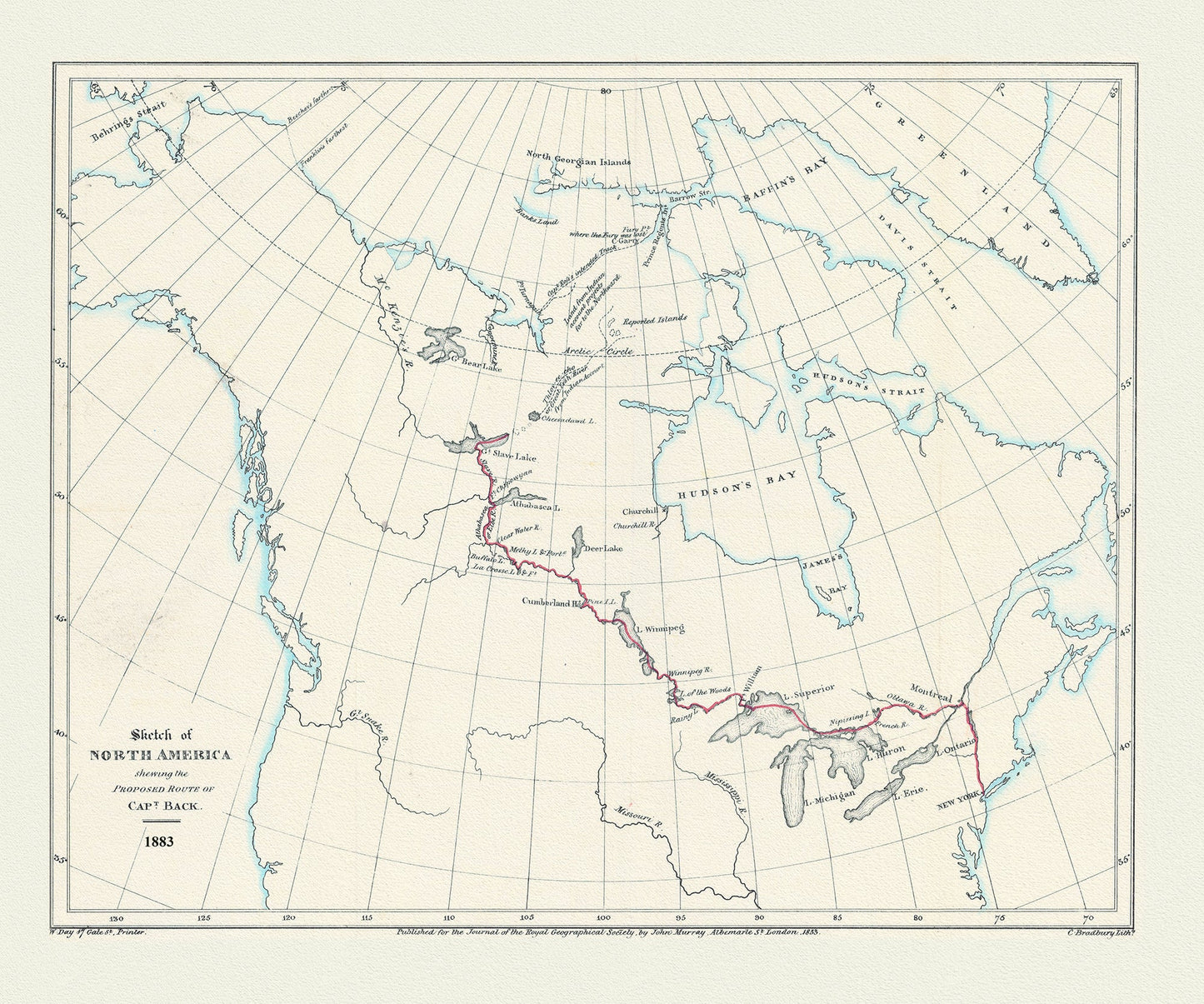 Canada: Arctic, Northern and Polar Exploration: Sketch of North America shewing the proposed route of Capt. Back, 1833 - The Map Chest