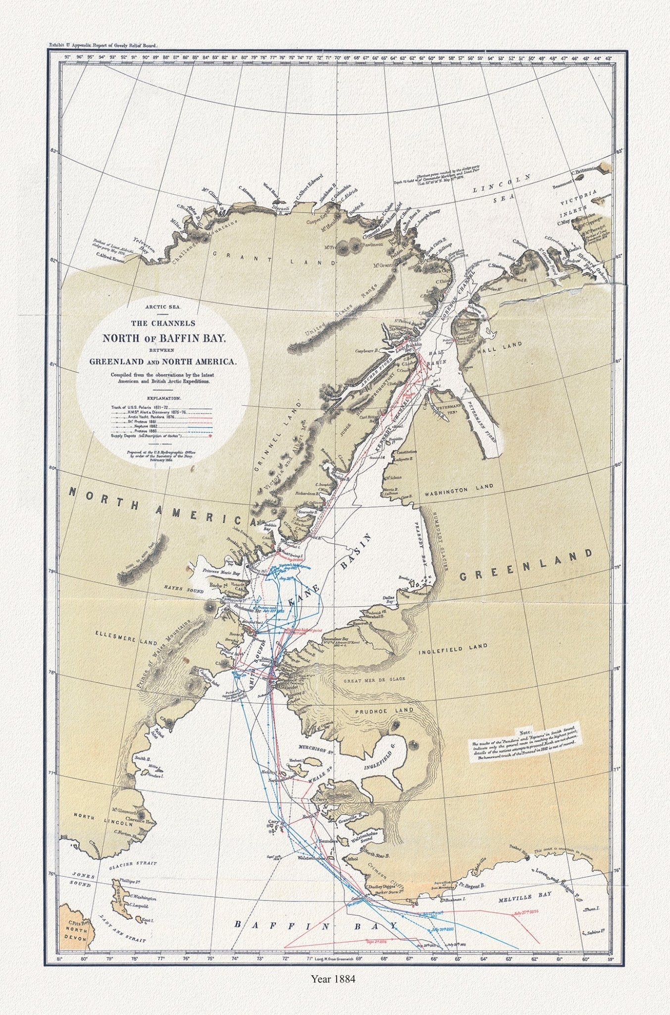 Canada: Arctic, Northern and Polar Exploration: The Channels North of Baffin Bay between Greenland and North America, compiled from various Arctic Expeditions, 1884 - The Map Chest