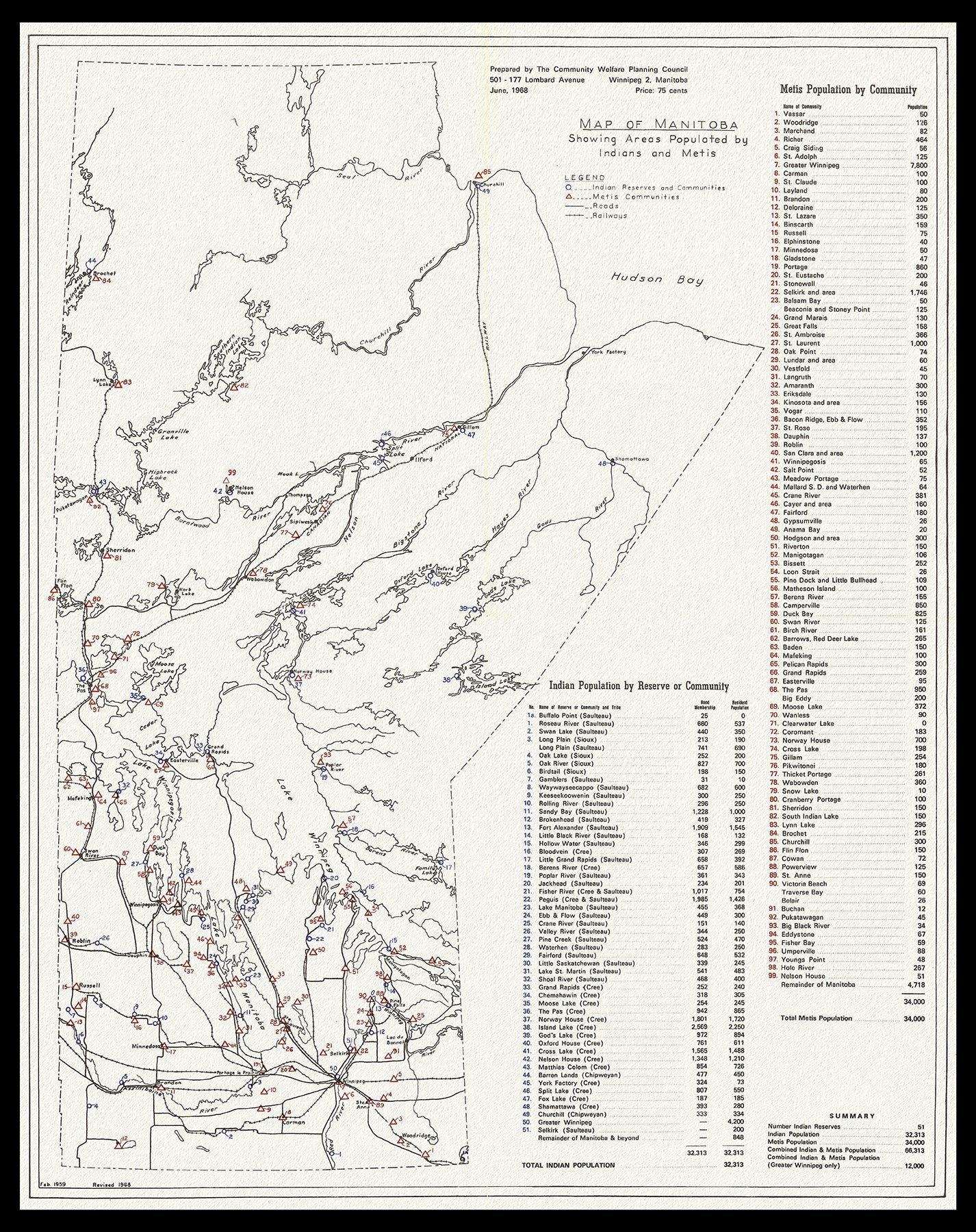Canada First Peoples: Map of Manitoba showing areas populated by Indians and Metis, 1968 - The Map Chest