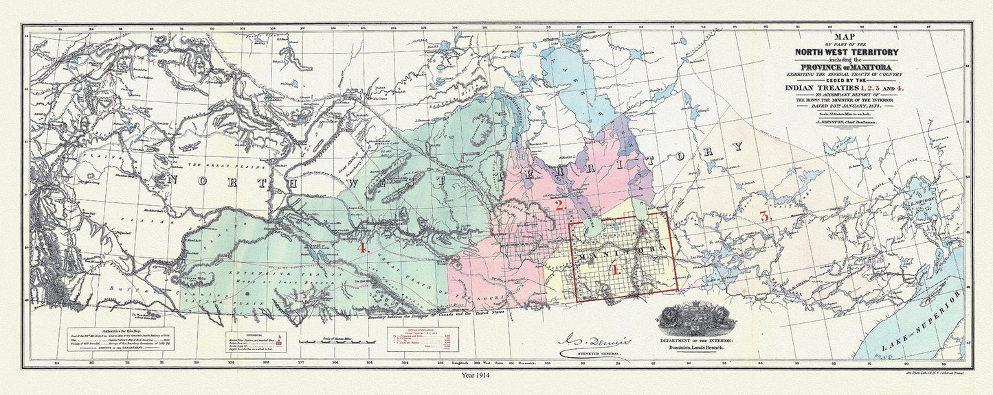 Canada First Peoples: Map of North West Territories and Indian Treaties, 1914 19 x 36" - The Map Chest