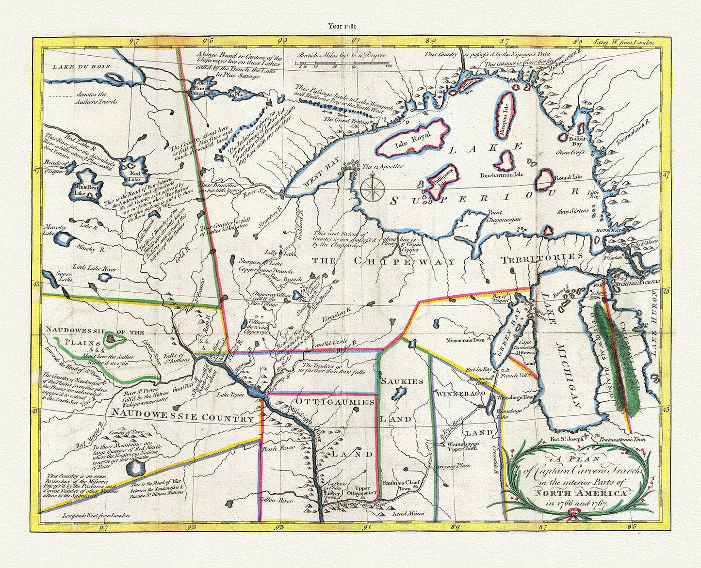 Canada First Peoples: Plan of Captain Carvers Travels in the interior Parts of North America, 1781 - The Map Chest