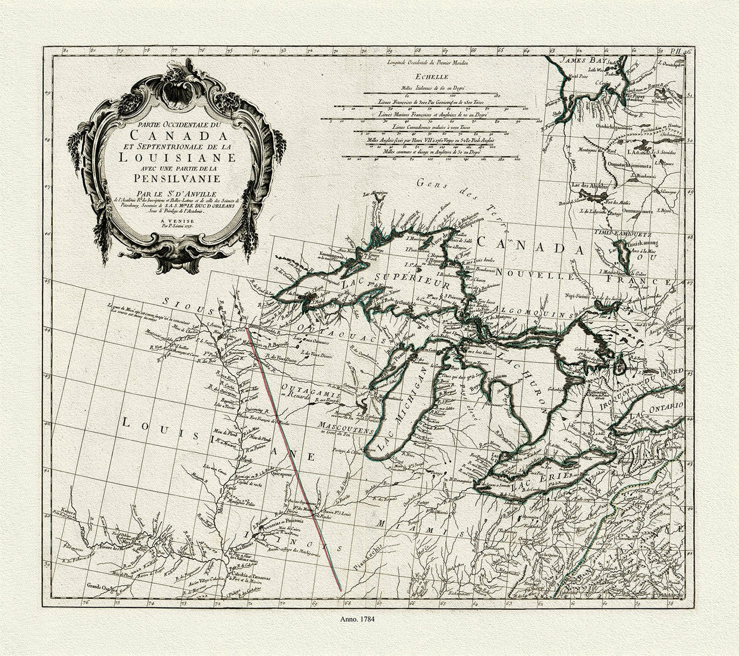 Canada: Great Lakes: Anville et Santini, Partie occidentale du Canada et septentrionale de la Louisiane avec une partie de la Pensilvanie, 1784 - The Map Chest