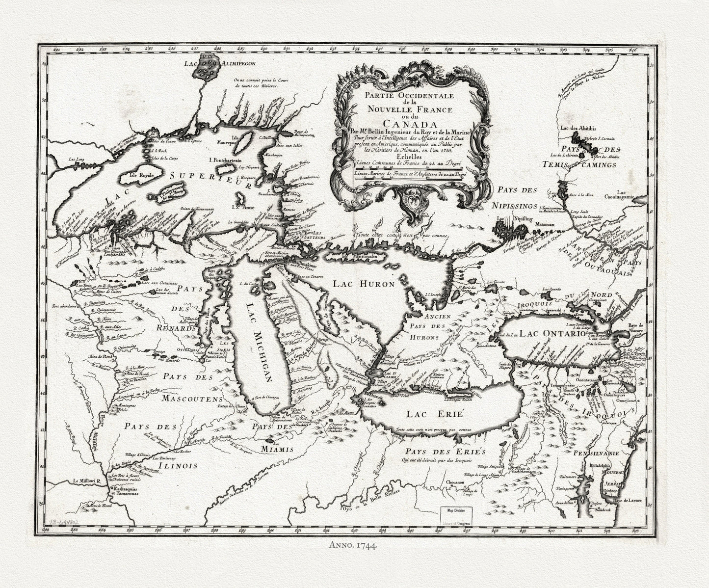 Canada: Great Lakes: Bellin, Partie occidentale de la Nouvelle France ou du Canada, 1744 Ver. T - The Map Chest