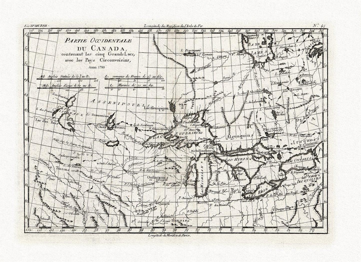 Canada: Great Lakes: Bonne, Partie Occidentale du Canada, contenant les Cinq Grands Lacs, avec les pays circonvoisins,1780 - The Map Chest