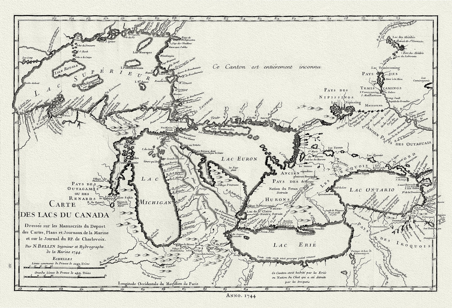 Canada: Great Lakes: Carte des lacs du Canada, 1744 Bellin auth. - The Map Chest