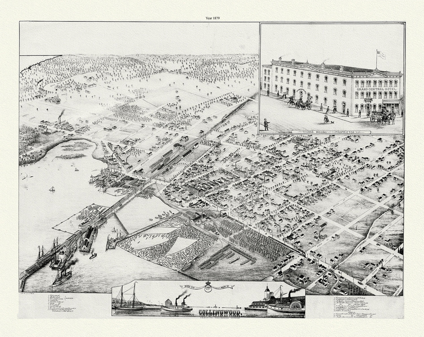 Canada: Great Lakes: Georgian Bay: Bird's eye view of Collingwood, Ontario, Brosius auth.,, 1879 - The Map Chest