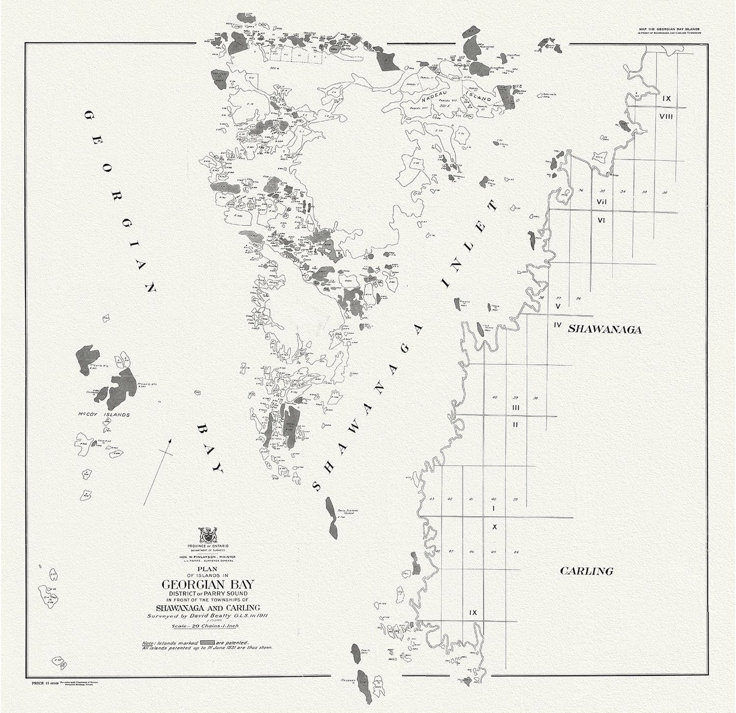 Canada: Great Lakes: Georgian Bay: Plan of islands in Georgian Bay district of Parry Sound, in front of the townships of Shawanaga and Carling, 1931 - The Map Chest