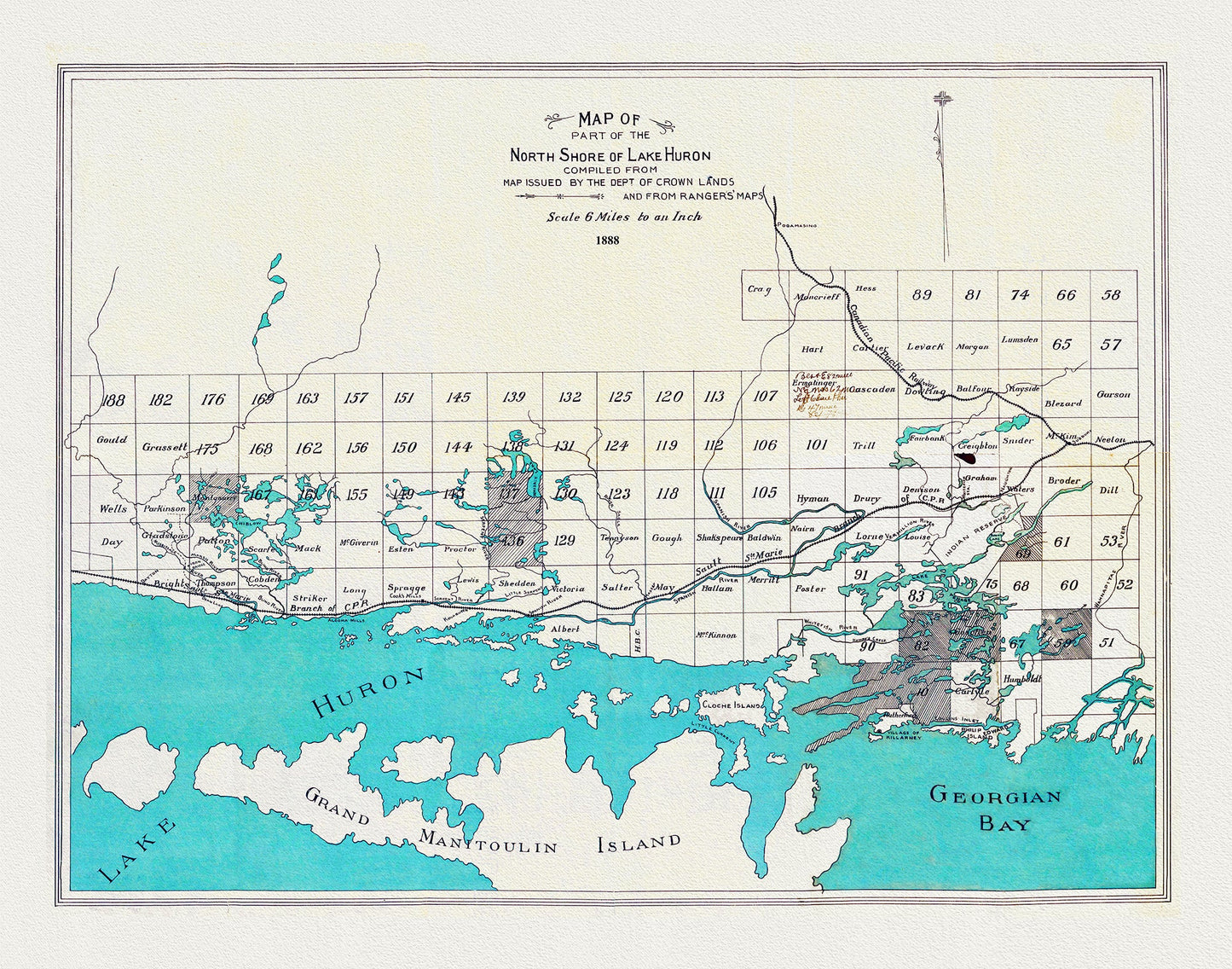 Canada: Great Lakes: Lake Huron: Map of part of the north shore of Lake Huron compiled from map issued by the Dept. of Crown Lands and from rangers' maps,1888 - The Map Chest
