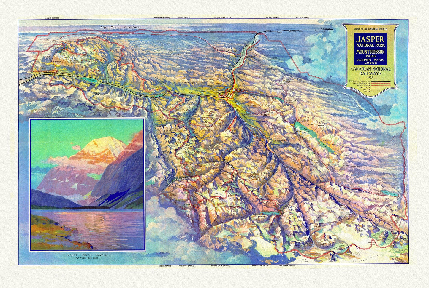 Canada North and West: CNR, Pictorial Map of Jasper National Park and Mount Robson Park, 1935 19 x 36" - The Map Chest