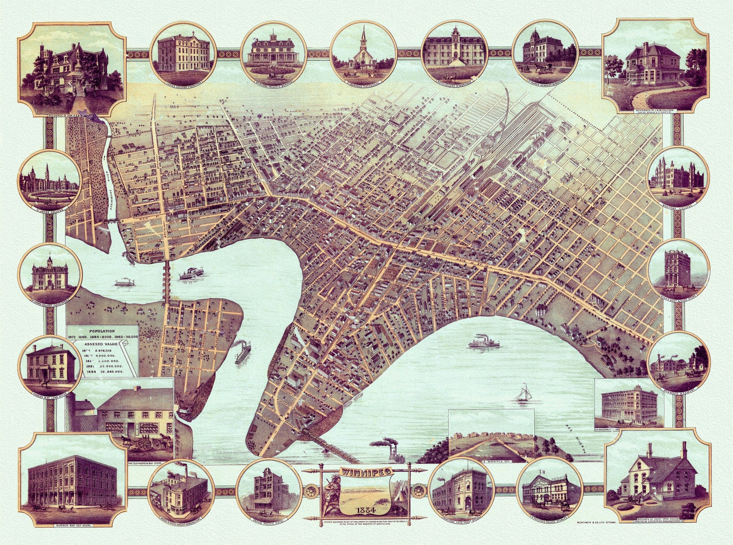 Canada: North and West: Manitoba: A Bird's eye view of Winnipeg, Manitoba, 1884 - The Map Chest