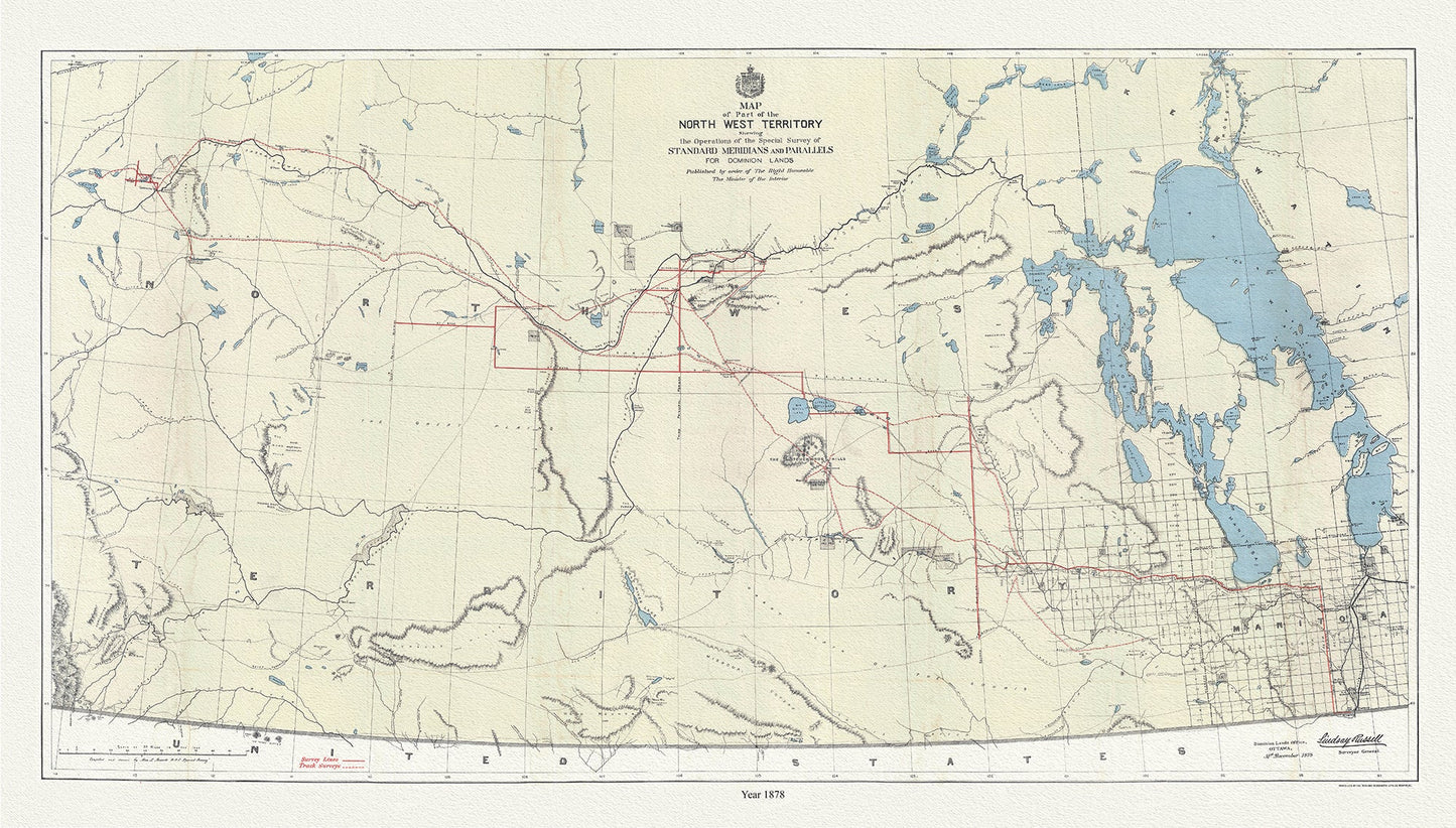 Canada: North and West: Map of part of the North West Territory shewing the operations of the special survey of standard meridians and parallels for dominion lands,1878 - The Map Chest
