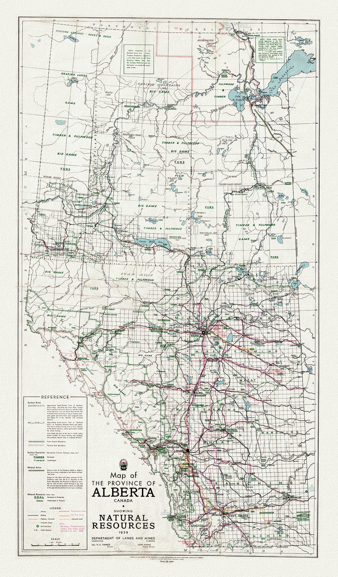 Canada North and West: Map of the Province of Alberta, Canada, showing natural resources,1945 - The Map Chest