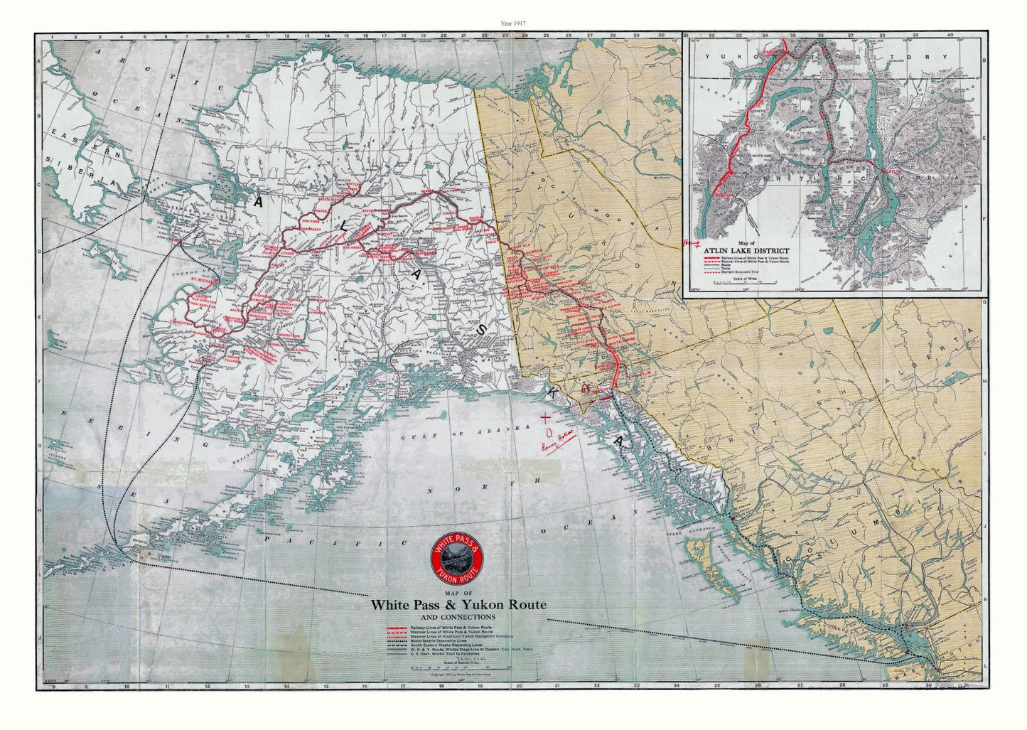 Canada: North and West: Map of White Pass Yukon, Route and connections, Alaska and Northwestern Canada, 1917 - The Map Chest