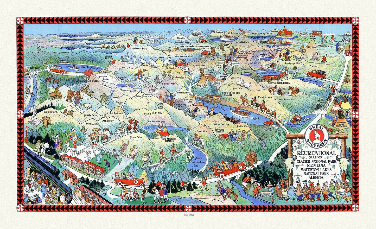 Canada North and West: Recreational Map of Glacier National Park Montana, Waterton Lakes National Park, 1925 - The Map Chest