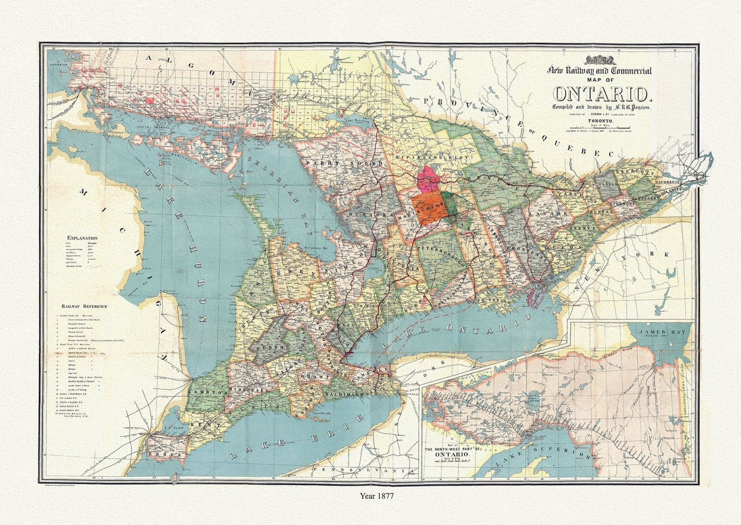 Canada: Ontario: Overall: Ontario, A New Railway and Commercial Map, 1877, Penson auth - The Map Chest