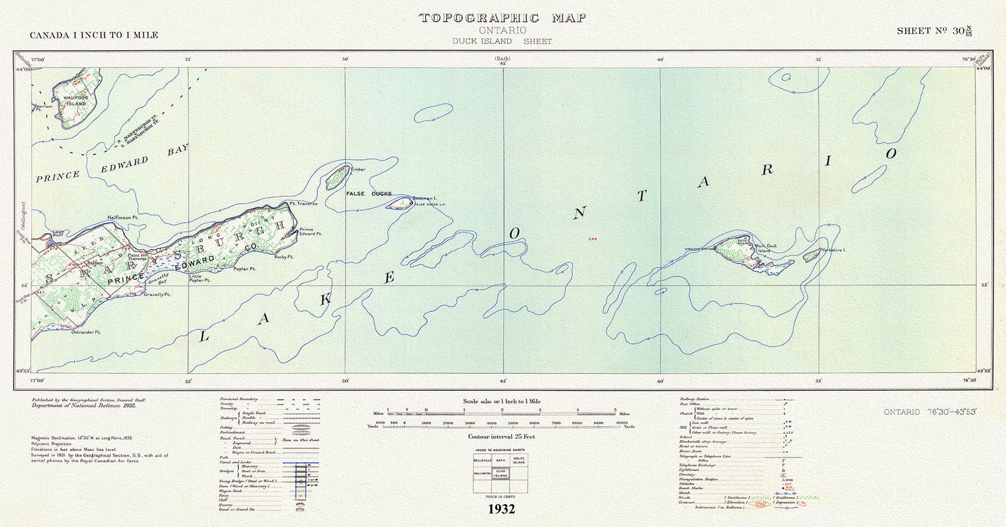 Canada: Ontario: Prince Edward County: Duck Island, Topographical Map, 1936 19 x 36" - The Map Chest