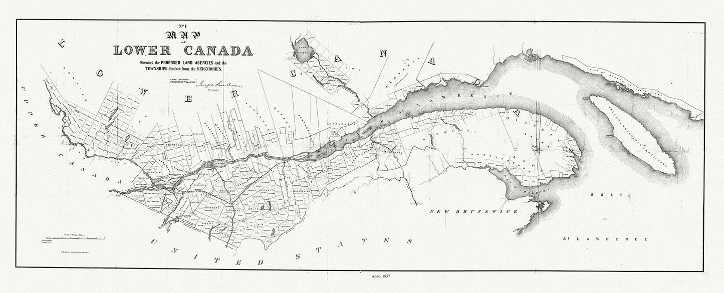 Canada: Quebec: St. Lawrence River Valley: Bouchette, Map of Lower Canada shewing the proposed land agencies and the townships distinct from the seigniories, 1857 - The Map Chest