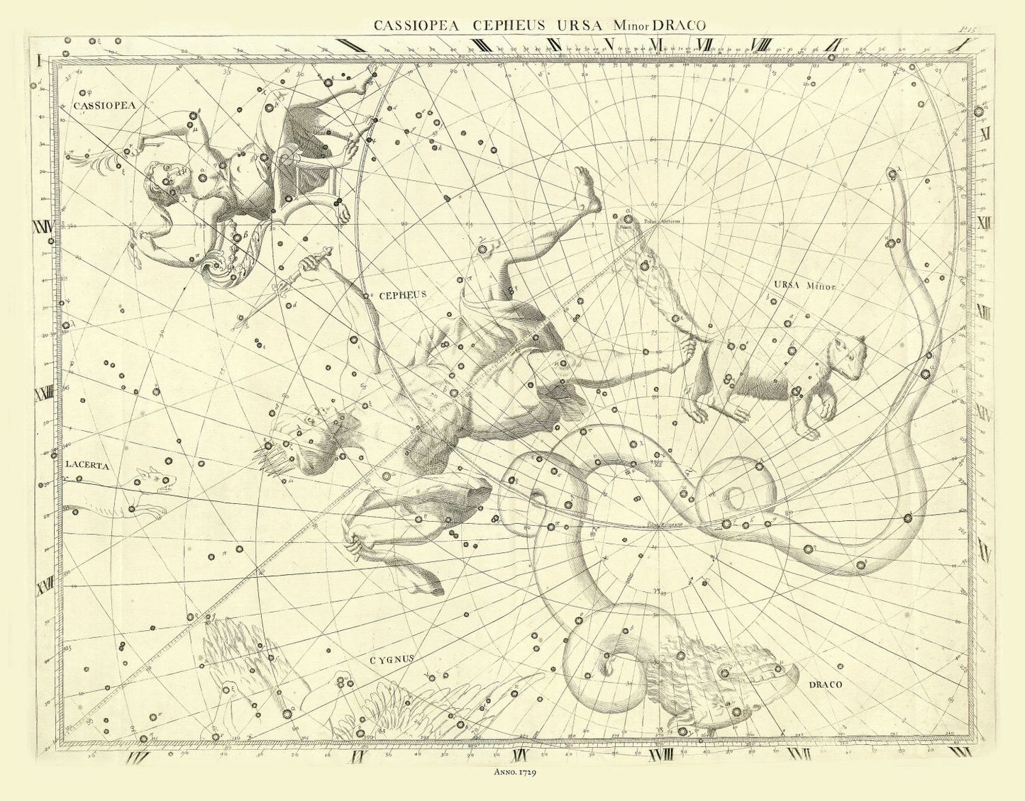 Celestial: Constellation: Cassiopea, Cephus, Ursa Minor, Draco, 1729, Flamsteed auth. - The Map Chest