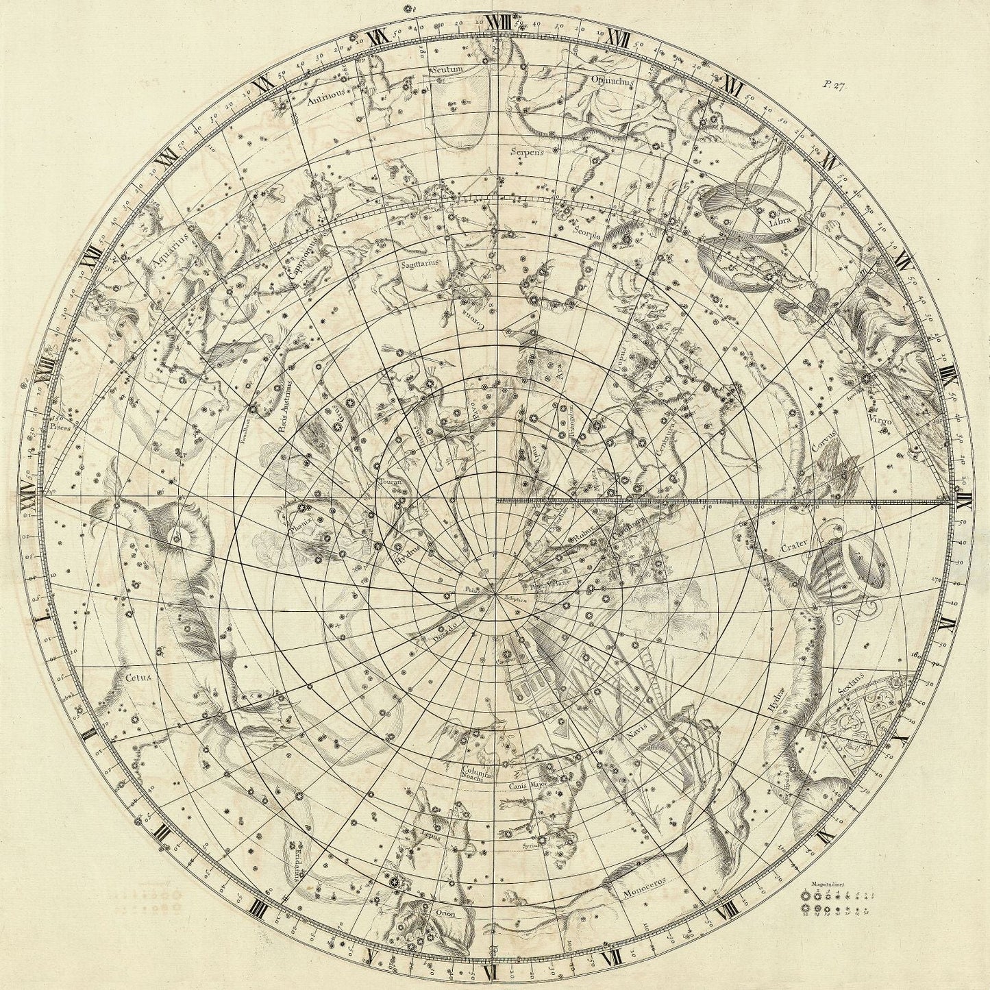 Celestial: Constellation: Circular Planesphere Plate 27, 1729, Flamsteed auth. - The Map Chest