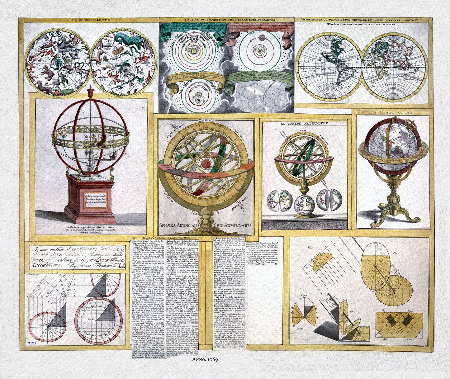 Celestial: Ferguson, Collection of nine images including astronomical instruments, celestial charts, and a world map, 1769 - The Map Chest
