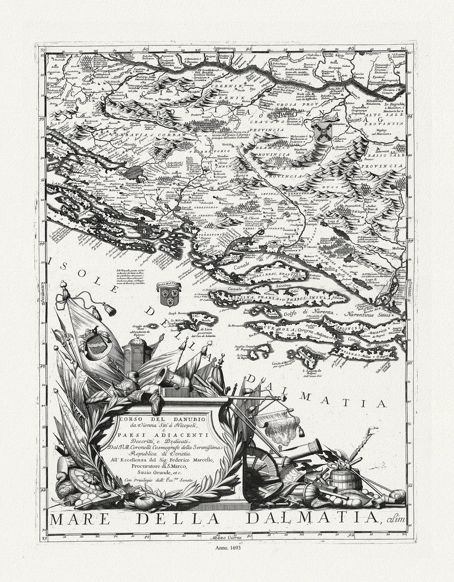 Europe: East: Danube River Valley: Coronelli (Vicenzo 1650 - 1718), Corso del Danubio (Planche 1 de 6), 1693 - The Map Chest