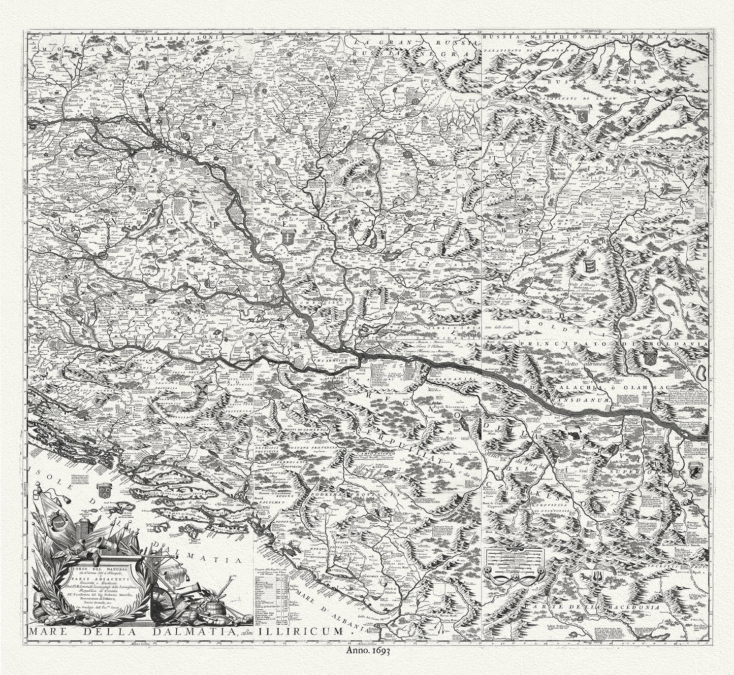 Europe: East: Danube River Valley: Corso del Danubio, (Balkan Countries), 1693, Coronelli auth. - The Map Chest