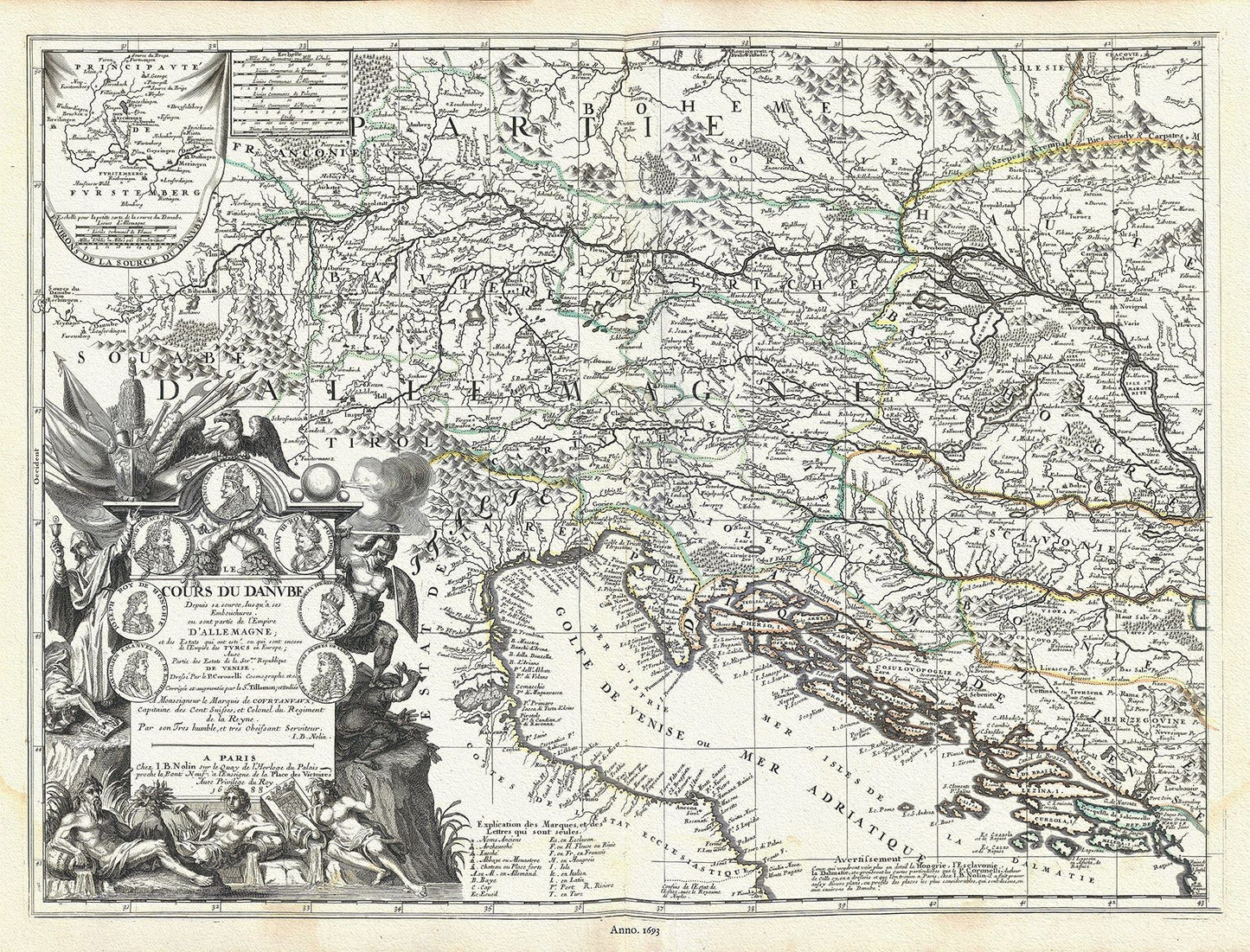 Europe: East: Danube River Valley: Le Cours du Danube depuis sa source, Jusqu'a ses Embouchures ou sont partie de l'Empire d'Allemagne; et des Estats qui ont esté ou qui sont encore de l'Empire des Turcs en Europe, 1688, Nolin et al. auths. - The Map Chest