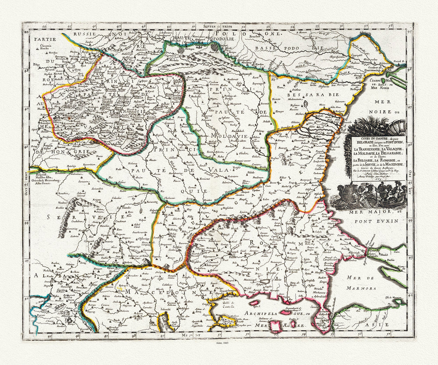 Europe: East: Danube River Valley: Sanson, Cours du Danube (Heart of the Danube, Romania, Bulgaria, Serbia, Moldavia, North Macedonia),1665 - The Map Chest