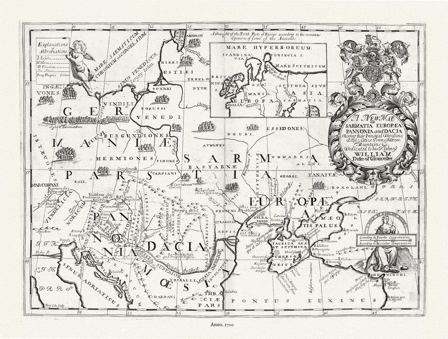 Europe: East: Ukraine: A new map of Sarmatia, Europaea Pannonia and Dacia, 1700, Wells auth - The Map Chest